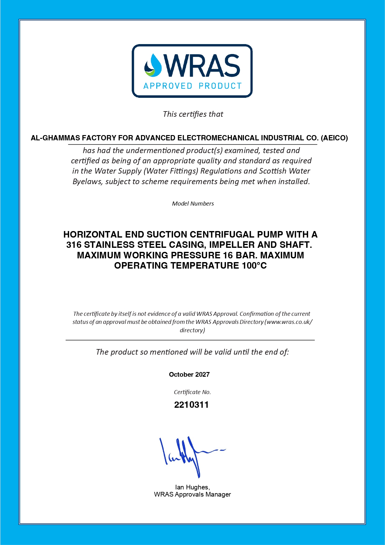 WRAS Product Approval Certificate – Approval No. 2210311